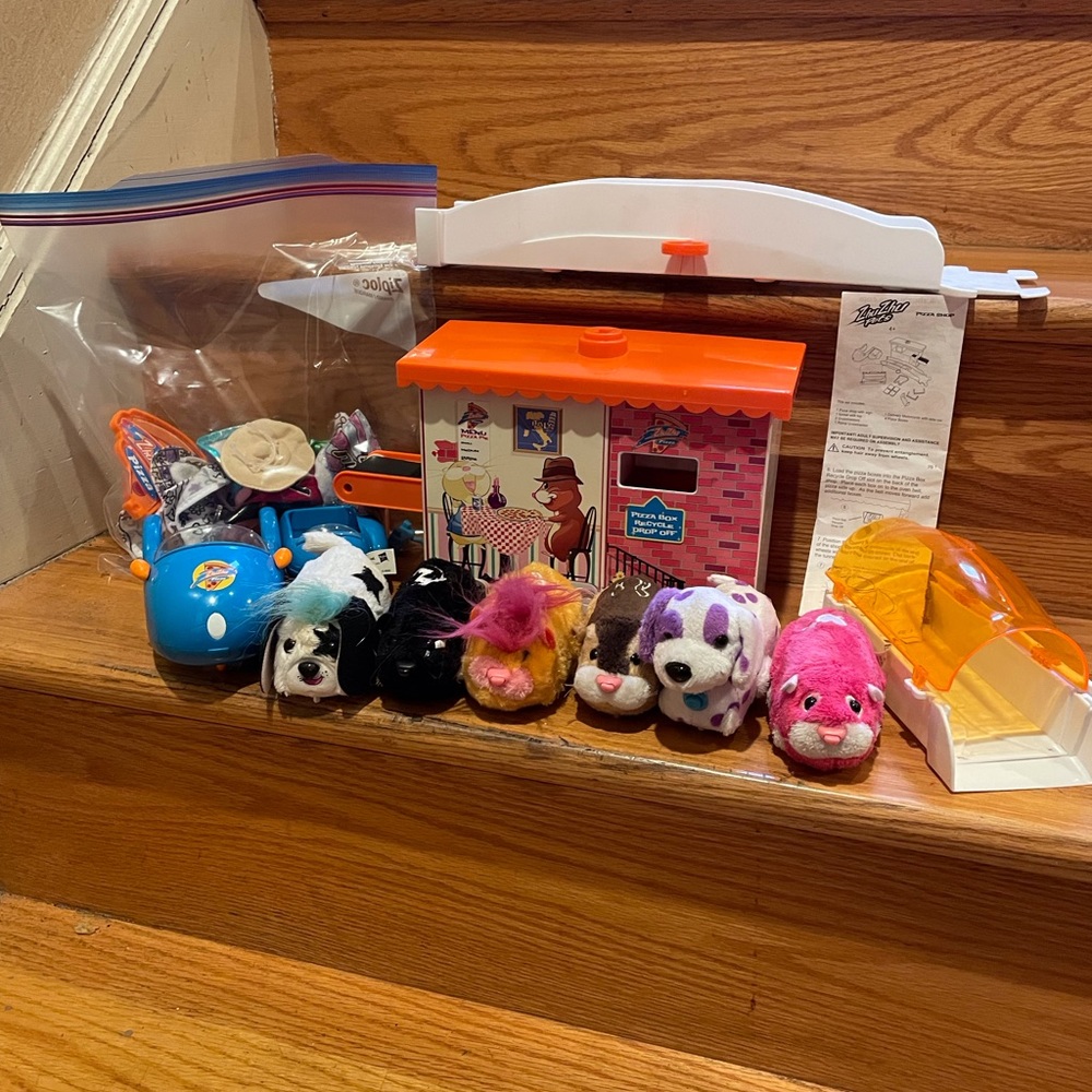 6 Zhuzhu pets, pizza store and bag of outfits and accessories